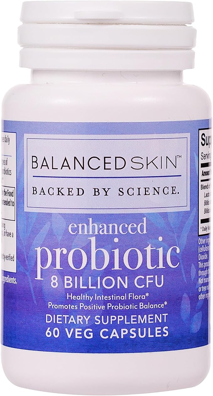 Enhanced Probiotic – 8 Billion CFU | Daily Gut &amp Skin Support Supplement – 3 Targeted Strains for Digestive Balance &amp Skin Health | 60 Vegetarian Capsules | Non-GMO*