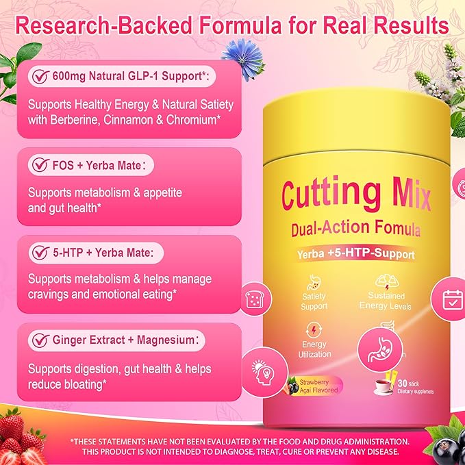 Cutting Drink Mix – Supports Satiety Signaling Energy &amp Gut Health with Berberine Chromium FOS Yerba Mate &amp 5-HTP | Vegan Sugar-Free Non-GMO | Strawberry Açaí – 30 Sticks