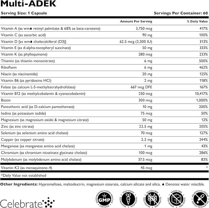 Celebrate Vitamins Multi ADEK Iron Free – Daily Bariatric Multivitamin High Level of Vitamins A D E K &amp B12 for Duodenal Switch Surgery Patients (60 Capsules)