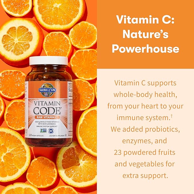 Garden of Life Vitamin Code Raw Vitamin C - 120 Capsules 500mg Whole Food Vitamin C Capsules + Fruit &amp Veggie Blend &amp Probiotics Supplements for Adults Vegan Gluten Free