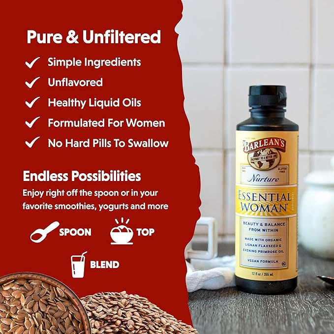 Barlean's Essential Woman Liquid Supplement for Women Organic Flaxseed and Evening Primrose Oil for Healthy Hair Nails and Skin Omega 3 6 9 and GLA 12 oz