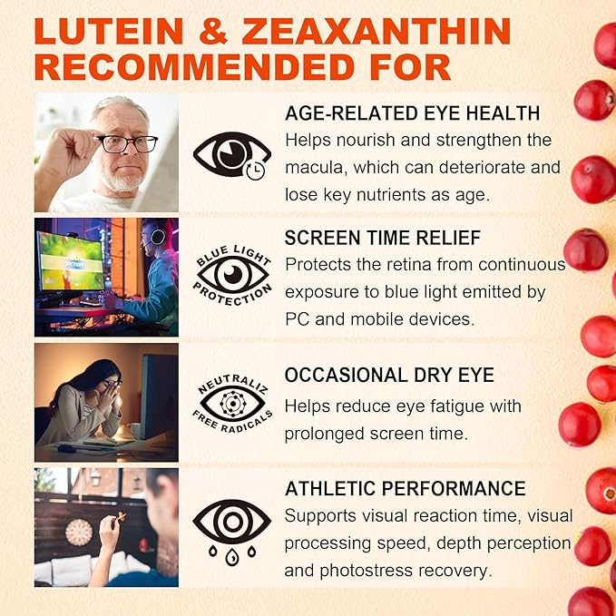 Sugar-Free Lutein Zeaxanthin Supplements Gummies (25mg) Vitamins A C E Bilberry Astaxanthin - Coconut Oil for Better Absorption - Adults &amp Teens Vision Health Eye Strain Dry Eyes - Vegan 60