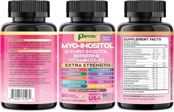 Myo-Inositol Supplement with D-Chiro Inositol DIM Berberine Vitamin D3 + K2 Methylated B12 Chromium Ceylon Cinnamon Zinc Ashwagandha Chasteberry Magnesium Bioperine Bitter Melon (3 Pack)