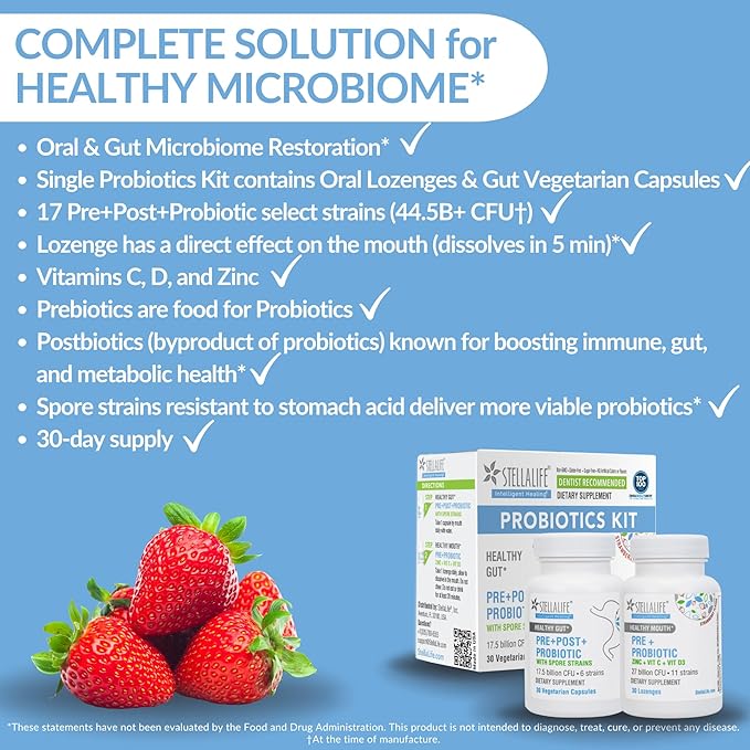 StellaLife Probiotics Oral &amp Gut Prebiotics Post Probiotics Kit: 44.5B CFU 11 Oral &amp 6 Gut Spore strains for Digestive &amp Dental Health Bad Breath Treatment Tongue Hygiene Strawberry Fl