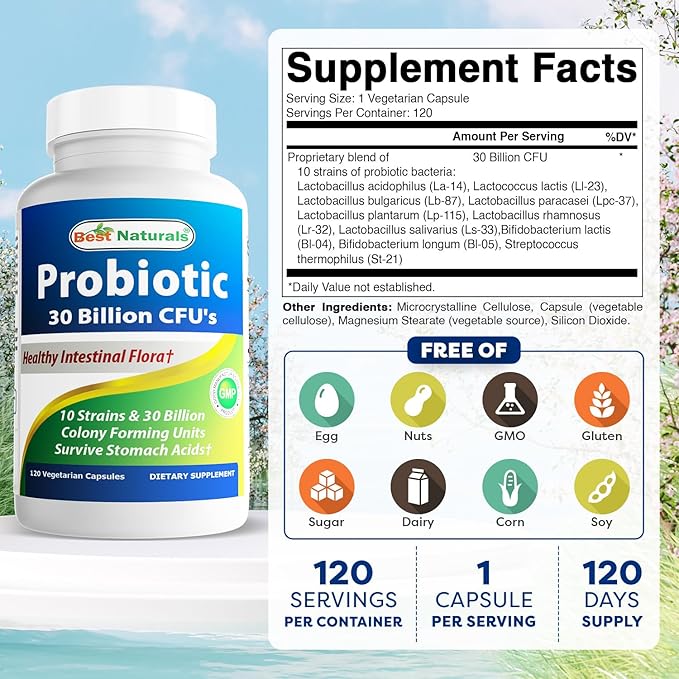 Best Naturals Probiotic 10 Strains &amp 30 Billion CFU Intestinal Flora 120 Veggie Capsules - Shelf Stable probiotic (4146365)