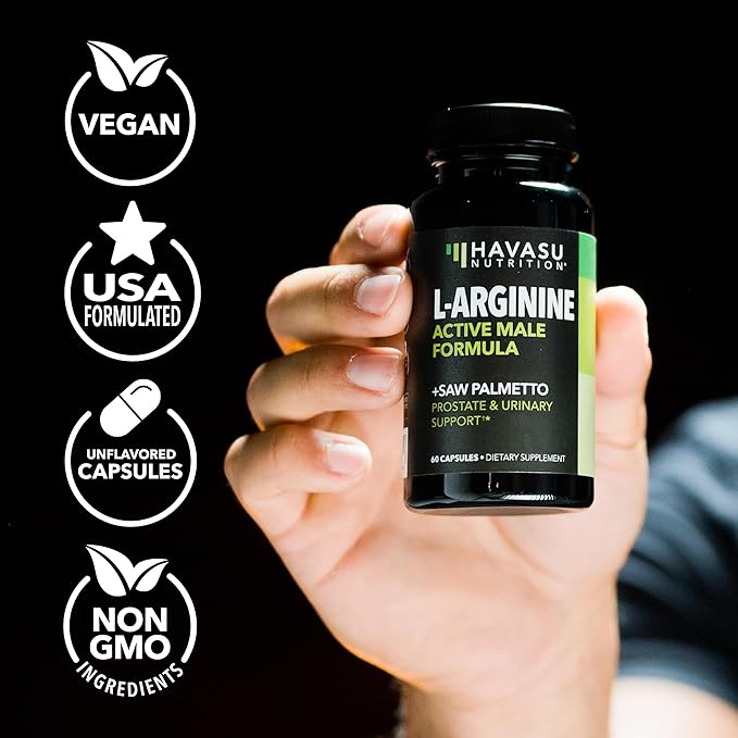 L-Arginine 500mg and Saw Palmetto 500mg - Nitric Oxide and Prostate Health Supplements for Men - 60 Count - Endurance and Urinary Tract Function Support - 1 Month Supply - Vegan Non-GMO Capsules