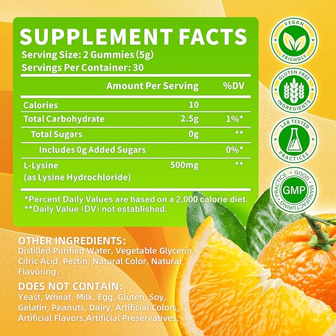 L-Lysine Gummies 500mg Lysine Gummies Supplement for Immune Support &amp Skin Health Collagen Formation Support Vegan Gluten Free Chewable Supplement for Adults &amp Kids Orange Flavor 120 Cou