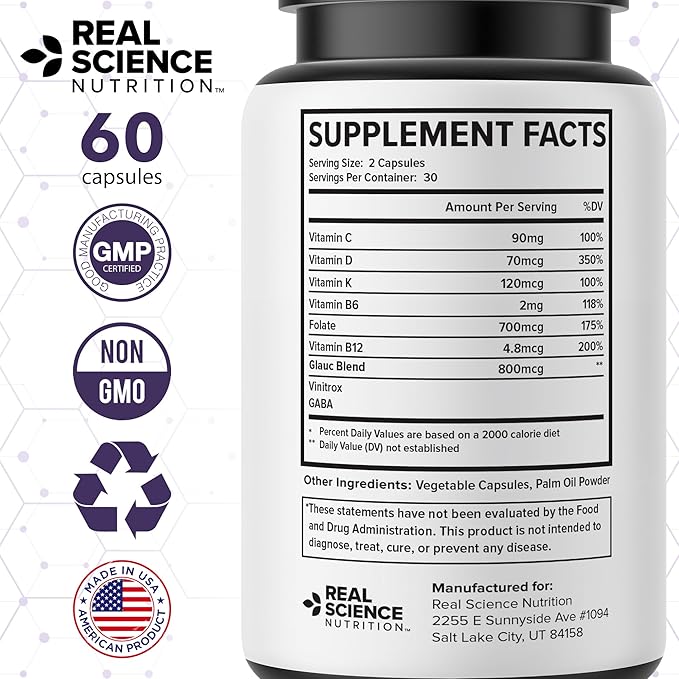 Real Science Glaucomol Miracle - Natural Eye Vitamins &amp Eye Supplements for Optic Nerve &amp Ocular Circulation Support – with Vitamins C D &amp B12 for Vision Clarity &amp Eye Comfort – Made