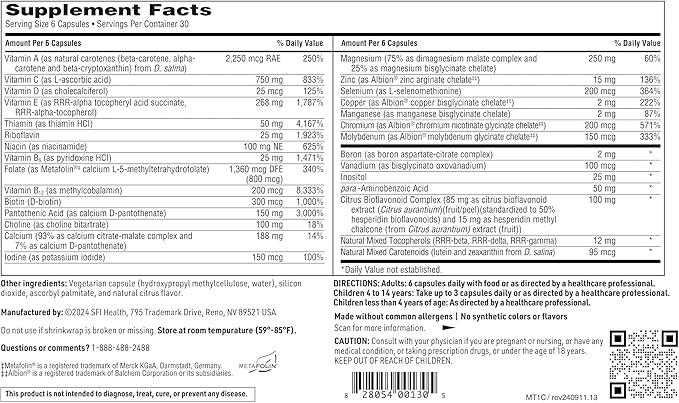 Klaire Labs SFI Health MultiThera 1 Iron-Free Multivitamin &amp Multimineral Capsule Formula with Essential Micronutrients - High Potency with Bioactive Folate &amp B12 - No Iron (180 Capsules)