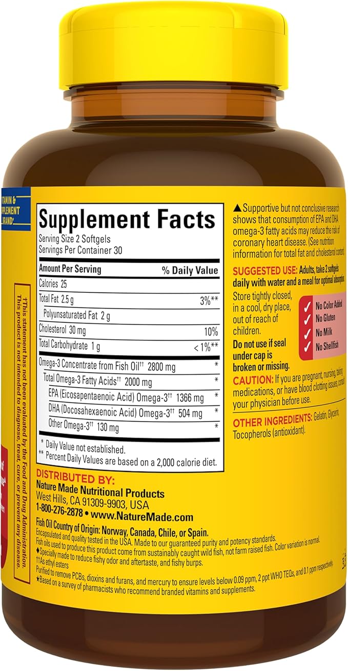 Nature Made Extra Strength Omega 3 Fish Oil Supplements 2800mg Fish Oil Omega 3 Supplements as Ethyl Esters for Healthy Heart Brain Eyes Mood Support 60 Softgels 30 Day Supply