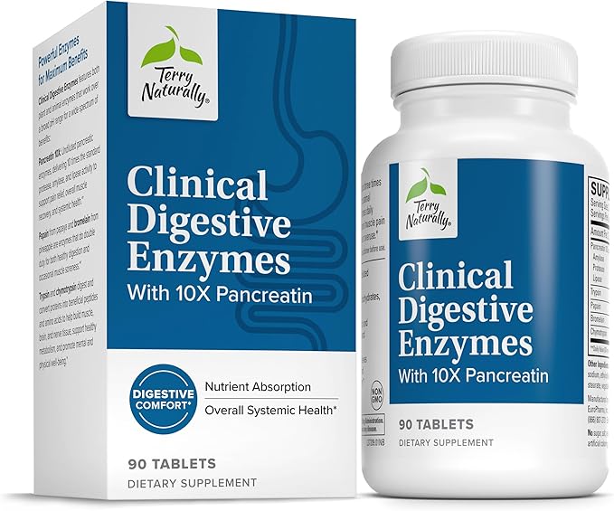 Terry Naturally Clinical Digestive Enzymes - Digestion Supplement for Nutrient Absorption - Includes Undiluted Pancreatic Enzymes - Gluten-Free Dairy-Free &amp Non-Soy - 90 Tablets (45 Servings)