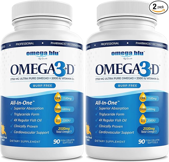 Triple Strength Pharmaceutical Grade Fish Oil 2750mg - Vitamin D3 50mcg - 1500mg EPA - 680mg DHA - Heart - Cholesterol - LDL - HDL - No Burps or Heartburn - High Concentration - 90 Servings