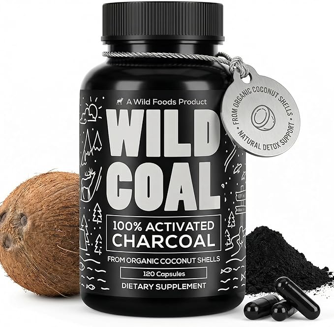 Wild Foods Activated Charcoal Capsules | 100% Organic Coconut Shells Active Tablets | Lab Tested &amp Non-GMO Pills | Made in USA (120 Capsules)