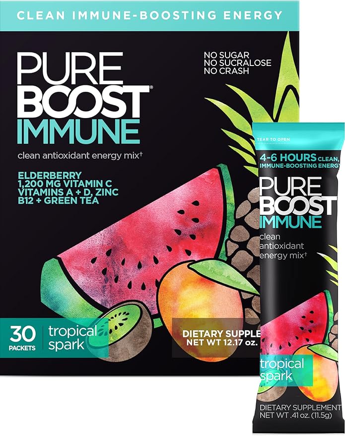 Pureboost Immune Clean Energy Booster Refreshing Energy Drink Mix and Immunity Supplement with Elderberry 1200 mg Vitamin C Vitamins A + D and Zinc. (Tropical Spark 30 Count)