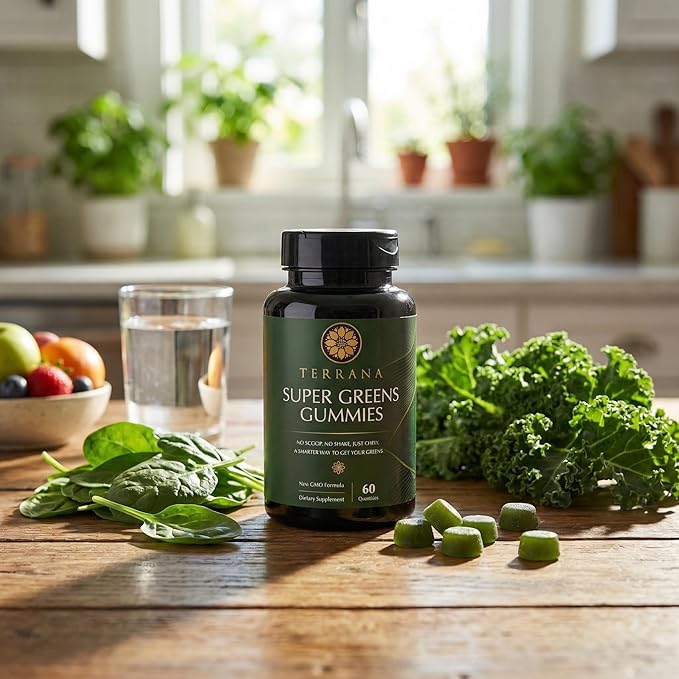 Terrana Super Greens Gummies - Daily Greens Supplement with Fruits Veggies Prebiotics &amp Antioxidants for Energy Digestion &amp Immunity - Vegan Non-GMO 60 Gummies