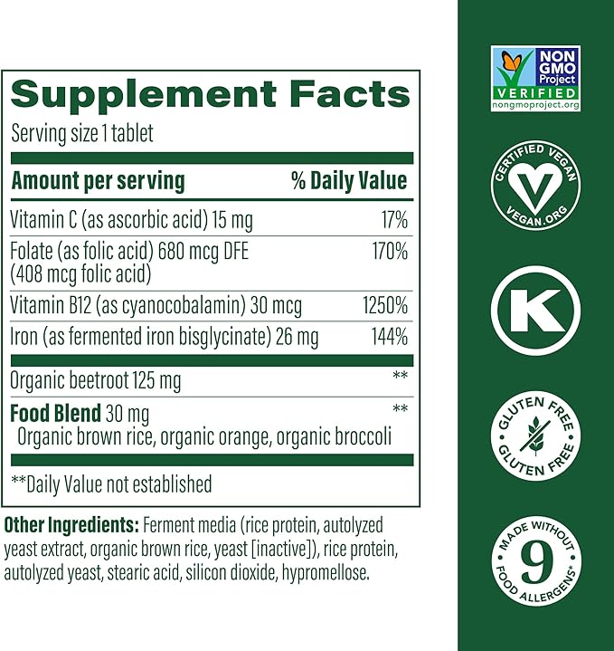 MegaFood Blood Builder Iron Supplement for Women &amp Men - Increase Iron Levels Without Side Effects - Combats Fatigue - with Vitamin B12 Folic Acid &amp Vitamin C for Absorption - Vegan - 180 Tab