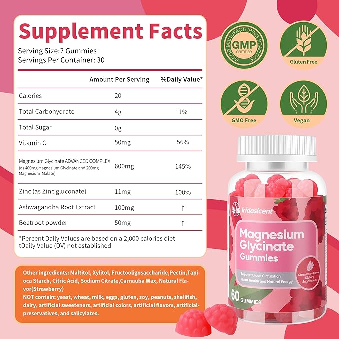 Magnesium Glycinate Gummies 400mg Sugar Free Magnesium Supplement w/Ashwagandha Zinc Vegan Magnesium Glycinate Supplement for Adults - 120 Strawberry Gummies