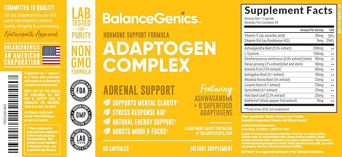 Adrenal Support Supplement with Ashwagandha Holy Basil Rhodiola Rosea | Supports Healthy Cortisol Levels and Stress Relief Reduce Fatigue | 60 Capsules