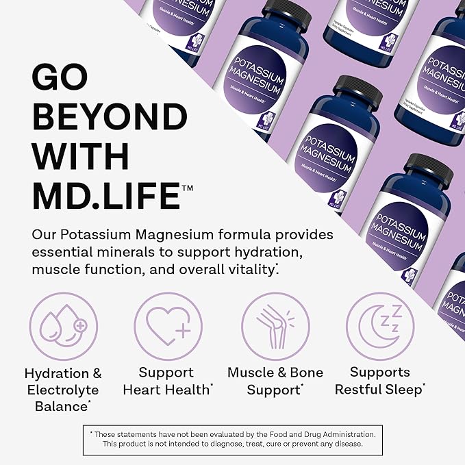 MD. Life Potassium Magnesium Supplement - 120 Capsules - Magnesium Potassium Supplement - High Absorption Complex - Support Vascular Health &amp Leg Cramp