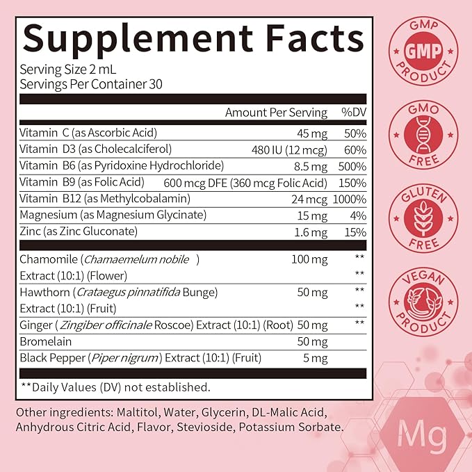 Magnesium Glycinate Liquid Drops with Chamomile Hawthorn &amp Ginger for Stress Relief and Digestive Comfort Fast Absorption Non-GMO Vegan Formula Sugar Free Strawberry Flavor 2 Fl OZ