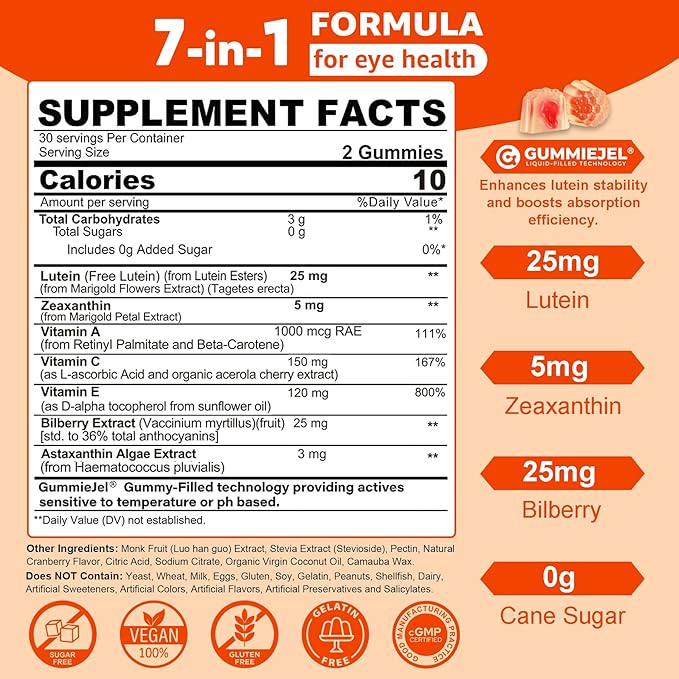 2 Pack Lutein and Zeaxanthin Supplements Gummies (25mg) Vitamins A C E Bilberry Astaxanthin - Coconut Oil for Better Absorption - for Adults &amp Teens Vision Eye Brain Skin - Vegan Sugar Fre
