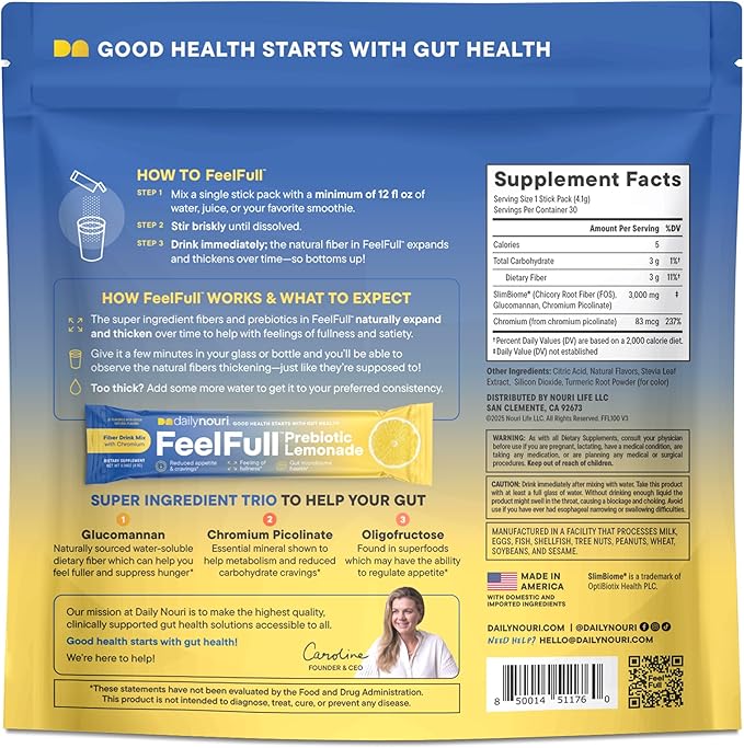 Daily Nouri FeelFull Prebiotic Fiber Drink Mix | Prebiotic Fiber for Fullness &amp Gut Health | Oligofructose + Glucomannan + Chromium | 30 Stick Packs