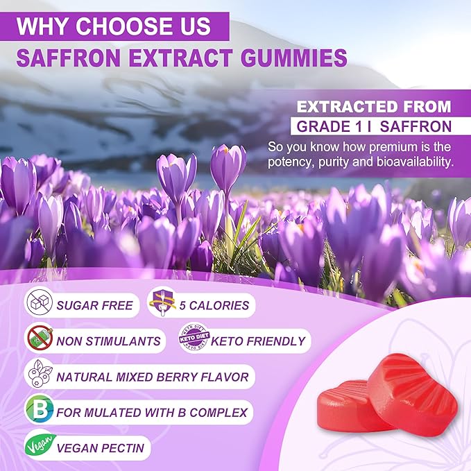 Saffron Supplements Gummies 100mg - 100% Pure Saffron Extract with Magnesium Glycinate L-Theanine Turmeric Ashwagandha Honey &amp Vitamin B Complex for Mood &amp Power Antioxidant Vitality - 6