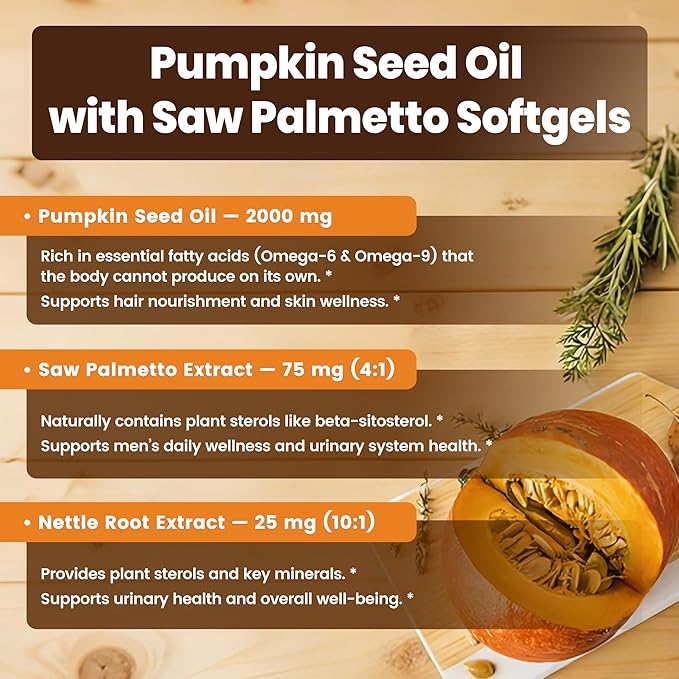 Pumpkin Seed Oil Capsules with Saw Palmetto and Nettle Root 2000mg Per Serving 300 Softgels Vegan Rich in Essential Fatty Acids (Omega-6 &amp Omega-9)