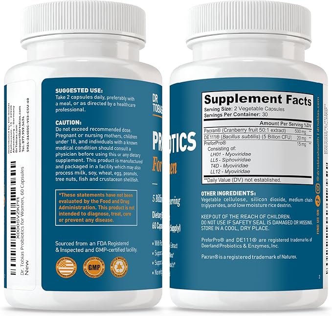 Dr. Tobias Probiotics for Women with Prebiotics &amp Cranberry Extract for Urinary Tract Health for Women | Supports Digestive &amp Immune Health - 5 Billion CFUs (60 Capsules 30 Servings)