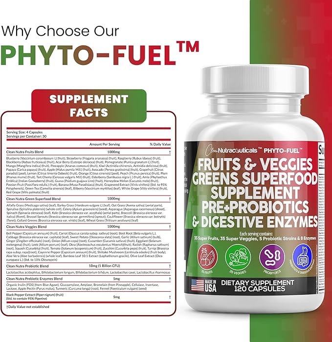 Clean Nutraceuticals Fruits and Veggies Supplement Reds &amp Green Superfood - Balance of Over 70 Fruit &amp Vegetable Supplements Capsules with Probiotics Prebiotics Digestive Enzymes - 120 Ct USA