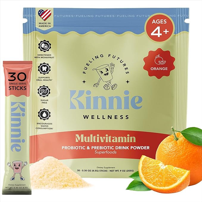 Kinnie Kids Multivitamin with Pre/Probiotic &amp Organic Superfoods for Kids - 22+ Vitamins &amp Minerals - Sugar-Free Orange Flavor - Immune Gut &amp Oral Health Support - Ages 4+ (30 Sticks)