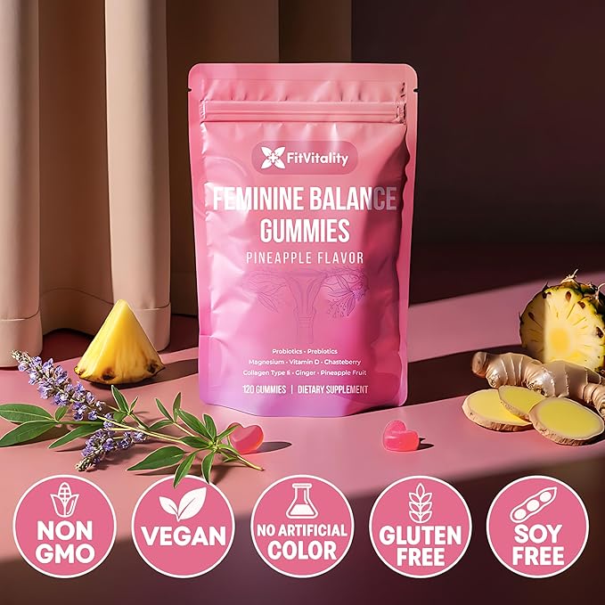 Premium 120 Feminine Balance Gummies – Probiotics Collagen Type II Chasteberry Vitamin D &amp Magnesium – Gluten-Free Pineapple Flavor Vegan