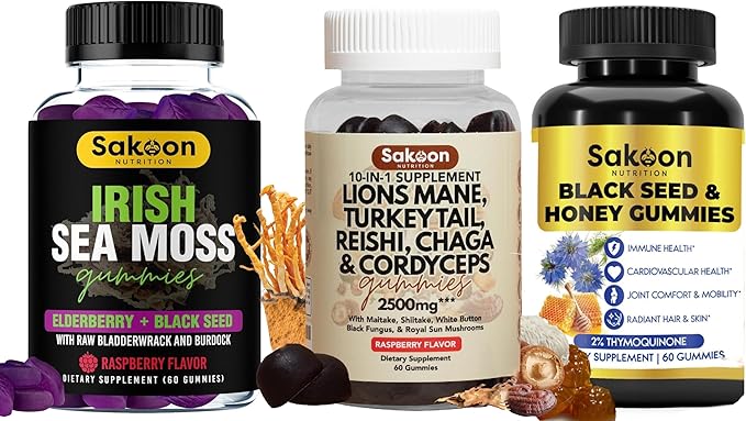Sakoon nutrition Superfood Gummies Bundle – Black Seed Oil Irish Sea Moss &amp Lions Mane Mushroom – Antioxidant Immune Digestive &amp Brain Health Support – 60 Gummies Each