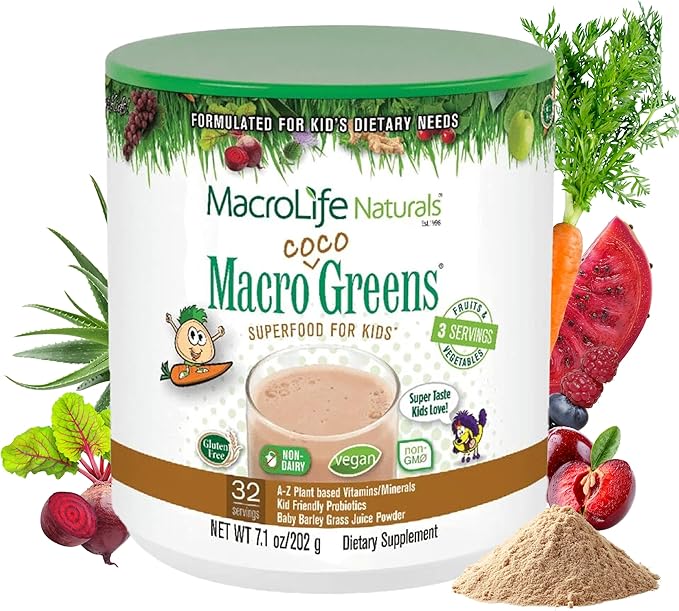 MacroLife Naturals MacroCoco Super Greens Drink Chocolate Powder Superfood for Kids &amp Teens - Whole Food Fruit &amp Vegetable Multi-Vitamins Probiotics Digestive Enzymes &amp Fiber Supplement -