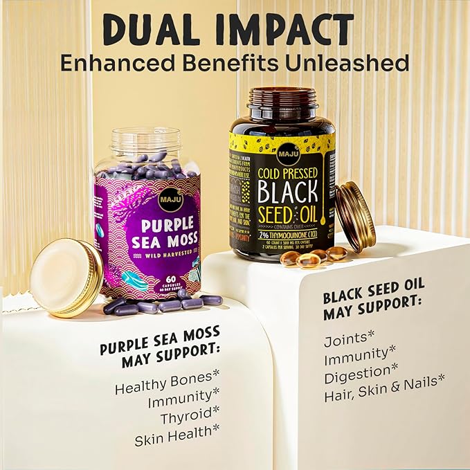 Maju Superfoods Black Seed Oil Capsules and Purple Sea Moss Capsules Bundle