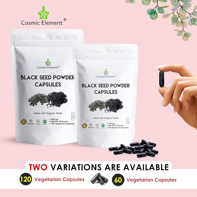 Cosmic Element 100% Pure Black Seed Powder Capsules Organic - Vegan Nigella Sativa 450mg Black Cumin Seeds per Serving for Health - 120 Capsules