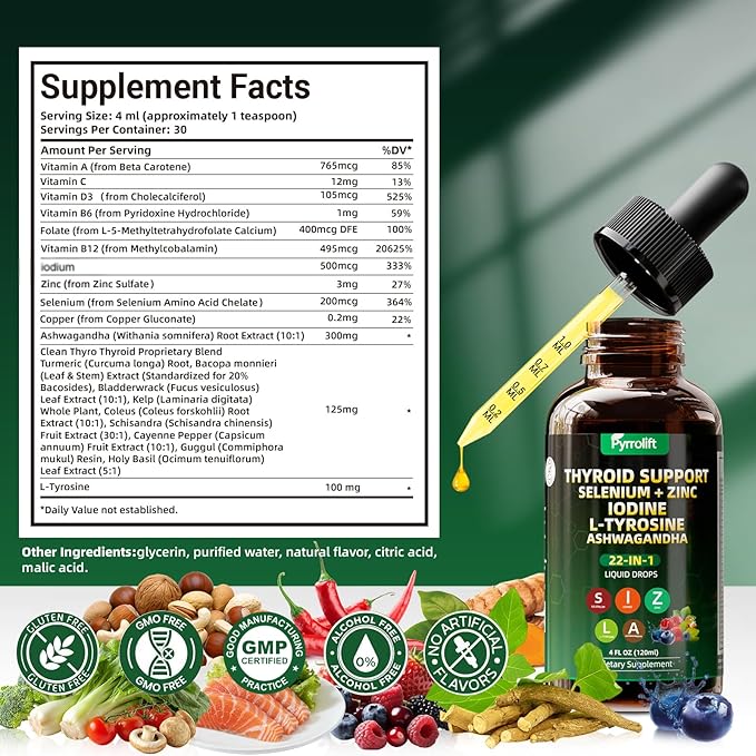Thyroid Support for Women &amp Men 22 in 1 Natural Herbal Formula Support Body Immune &amp Balance | Kelp Ashwagandha Turmeric Selenium Zinc L-Tyrosine Vitamin B12 | Thyroid Supplement Liquid Drops