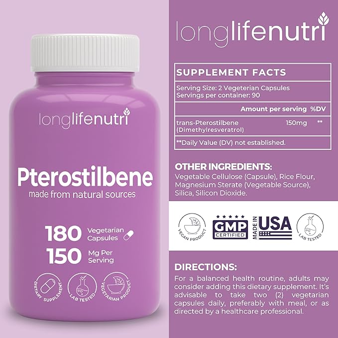 LongLifeNutri Pterostilbene 150 mg (180 Vegan Caps) &amp Quercetin 1000 mg with Bromelain 200 mg (120 Veg Caps) Bundle – 2–3 Month Supply Antioxidant &amp Respiratory Support Non-GMO GMP Made in