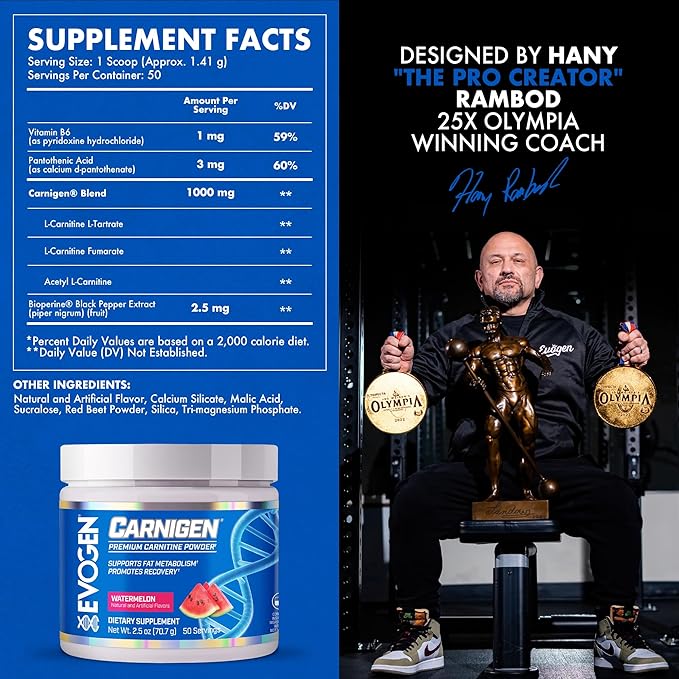 Evogen Carnigen - Premium Carnitine Powder | Supports Fat Metabolism &amp Promotes Recovery | Stimulant-Free L Carnitine Supplement Matrix with Acetyl L-Carnitine | Watermelon | 50 Servings