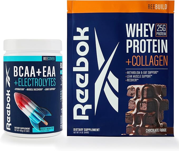 Reebok Post-Workout Amino Acids + Protein Bundle: REEcover Rocket Moon Pop + REEbuild Chocolate Fudge | Muscle Recovery Hydration Strength Joint Support