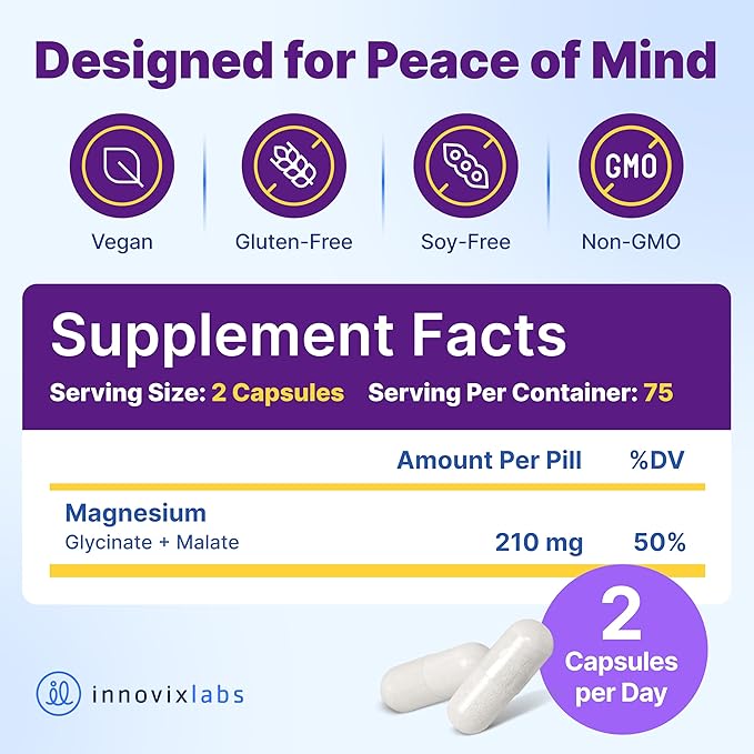 InnovixLabs Advanced Magnesium Capsules - 150 Ct 210 mg - Chelated Glycinate and Malate - High Absorption Promotes Relaxation Bones Muscle Health Vegan Malate Sleep Supplement (Pack of 2)