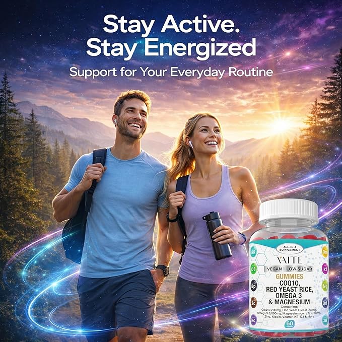 CoQ10 200mg Gummies with Red Yeast Rice &amp Magnesium Glycinate – Omega-3 Zinc and Vitamin K2+D3 for Overall Health – Supplements for Adults – 60 Chewable Gummies