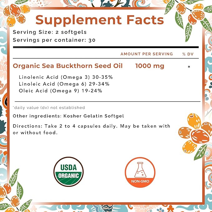 SEABUCKWONDERS Organic Sea Buckthorn Seed Oil Softgels 120 Count 60 Day Supply with Omega 3 6 &amp 9 Supports Hair Skin &amp Nail Health