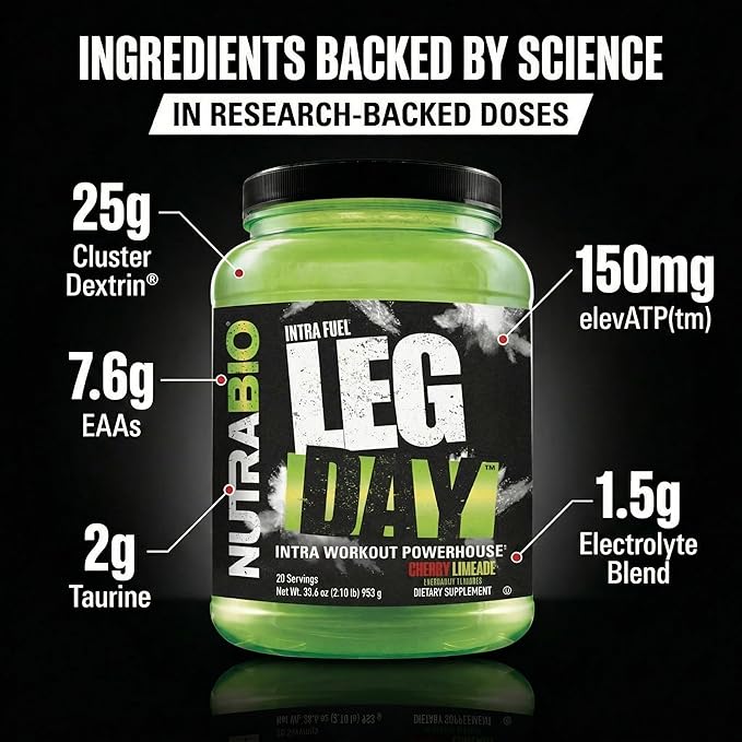 NutraBio Leg Day Intra Workout Powder – Advanced Carb Supplement with Cluster Dextrin &amp Electrolytes – Carb Powder with EAAs/BCAAs – Cyclic Dextrin for Performance – Cherry Lime 20 Servings