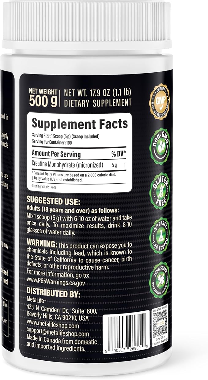 100% Pure Creatine Monohydrate Powder Canada-Made 500 g (100 Servings) Micronized Powder Muscle Growth Unflavored Ideal for Athletes &amp Fitness Enthusiasts Third Party lab Tested Vegan