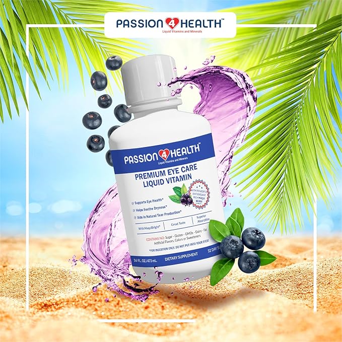 Passion 4 Health Liquid Eye Vitamins - Natural Vision &amp Adult Eye Care Supplement - Premium Support with Maqui Berry Extract Gluten-Free Non-GMO No Sugar - 30-Day Supply Made in USA