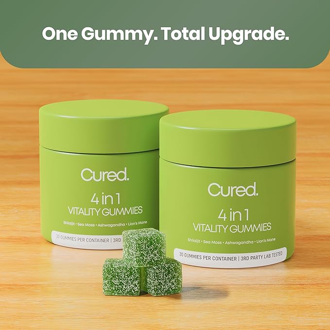 Cured 4 in 1 Gummies for Vitality with Pure Himalayan Shilajit for Men &amp Women Lions Mane Mushroom and Sea Moss Ashwagandha Supplements | Vegan &amp Non-GMO Neuropathy Supplements | Made in Ame