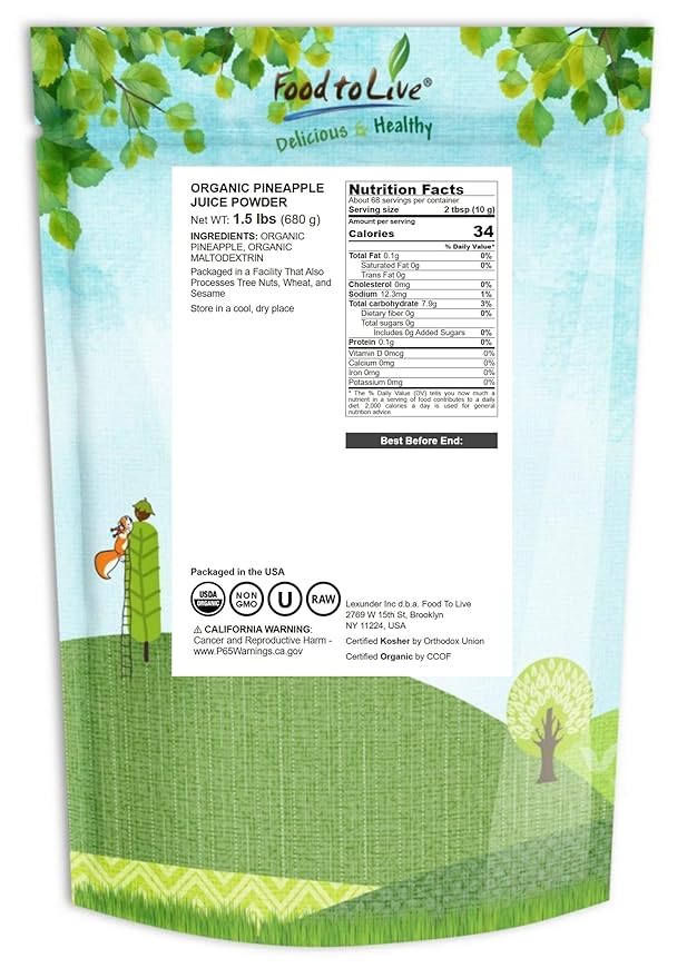 Food to Live Organic Pineapple Juice Powder 1.5 Pounds - Non-GMO Made from Raw Dried Fruit Unsulfured Vegan Bulk Kosher Great for Baking Juices Smoothies Contains Maltodextrin No Sulphites