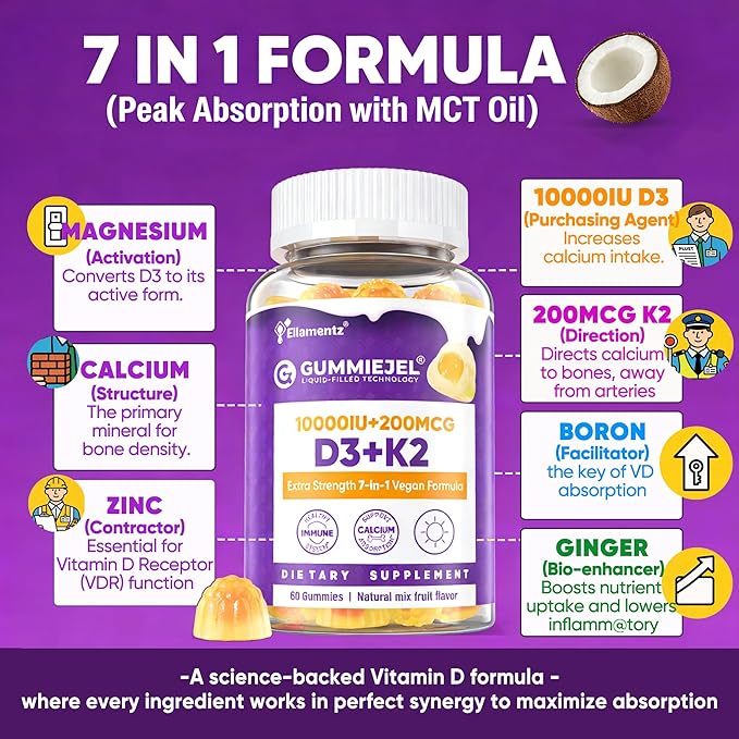 Vitamin D3 10000IU + K2 (MK-7) 200mcg Vitamin D3 K2 Magnesium Calcium Gummies with Coconut Oil Boron &amp Zinc Highly Absorbent Supports Bone Immune TeethSugar Free(Pineapple Flavor)
