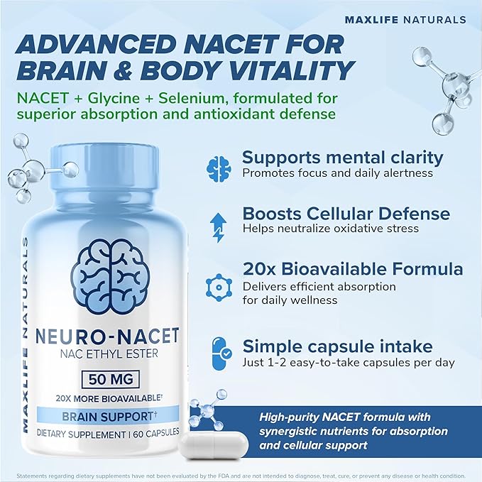 MaxLife Naturals Neuro NACET N-Acetyl L-Cysteine – 60 Capsules 20x More Bioavailable Glycine NAC Supplement N-Acetyl Cysteine Ethyl Ester with Selenium 10x Glutathione Boost for Brain &amp Lung Sup